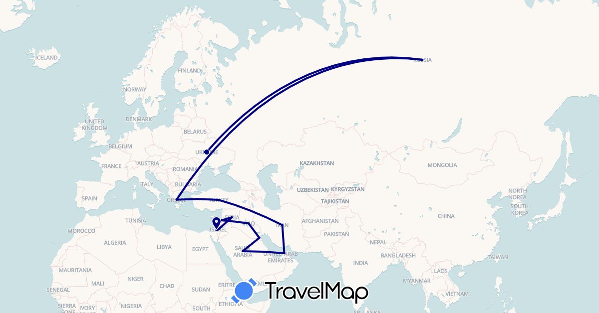 TravelMap itinerary: driving in United Arab Emirates, Greece, Israel, Iraq, Iran, Kuwait, Lebanon, Palestinian Territories, Russia, Saudi Arabia, Syria, Turkey, Ukraine (Asia, Europe)